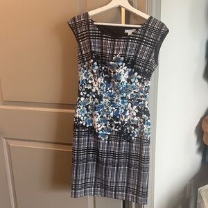 New York & Company Black and Blue Floral Plaid Midi Dress